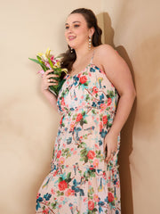 Women Beige Floral Strappy Tired Maxi Dress-SFDRSS12666