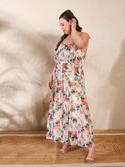 Women Beige Floral Strappy Tired Maxi Dress-SFDRSS12666