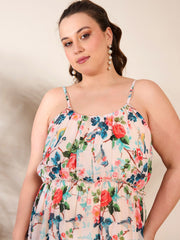 Women Beige Floral Strappy Tired Maxi Dress-SFDRSS12666