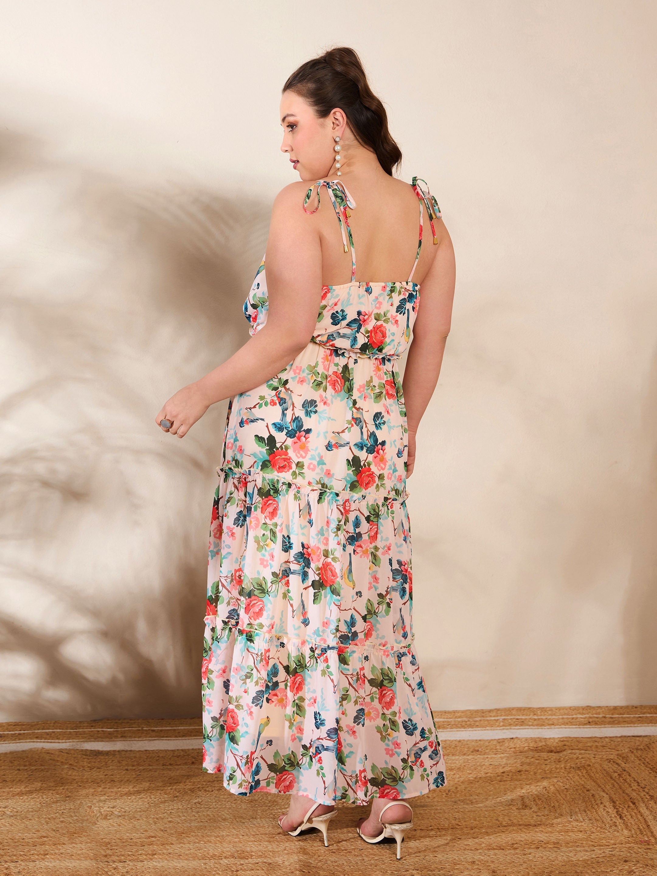 Women Beige Floral Strappy Tired Maxi Dress-SFDRSS12666