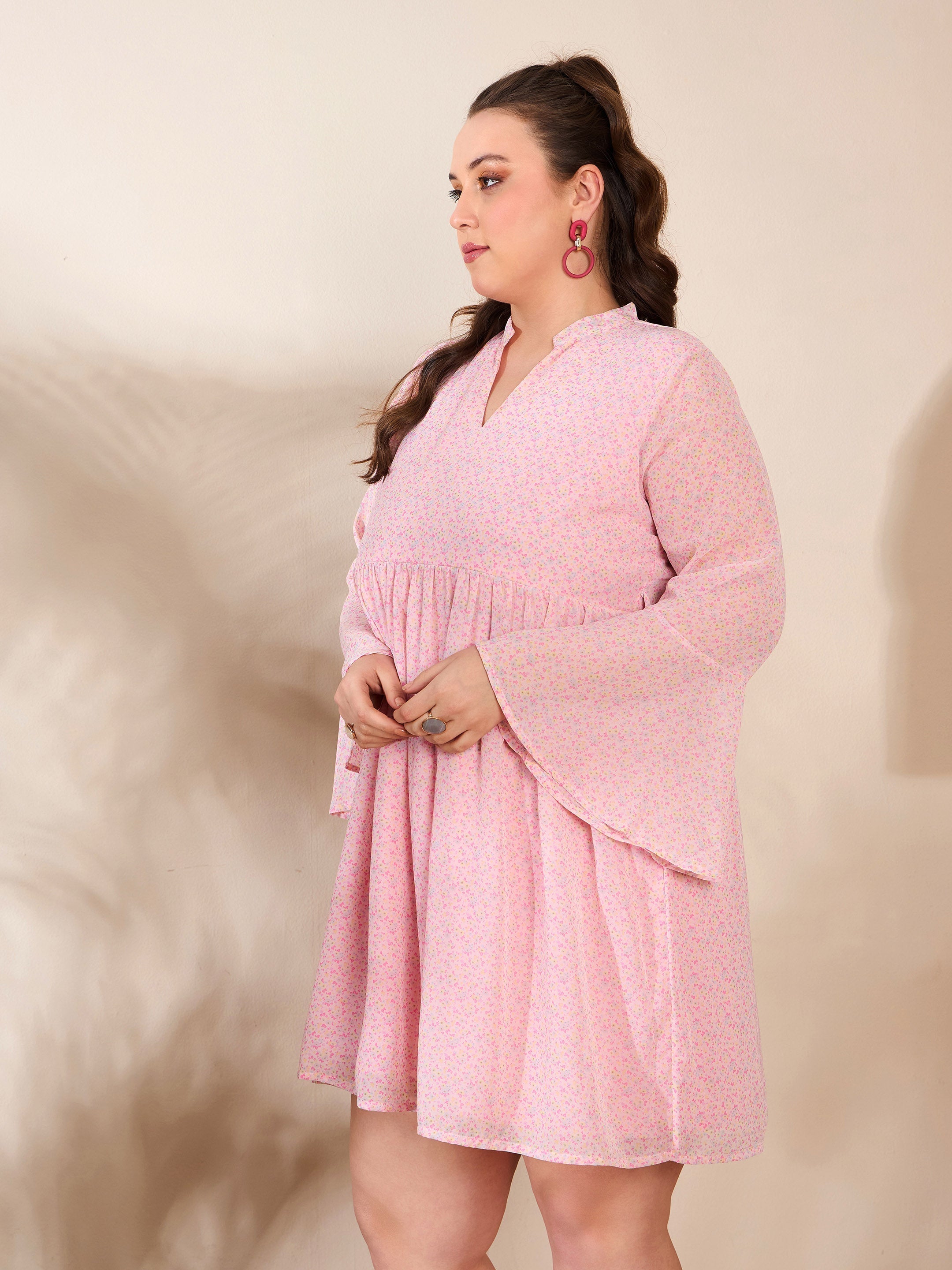 Women Pink Ditsy Floral V Neck Knee Length Dress-SFDRSS12668