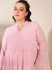 Women Pink Ditsy Floral V Neck Knee Length Dress-SFDRSS12668