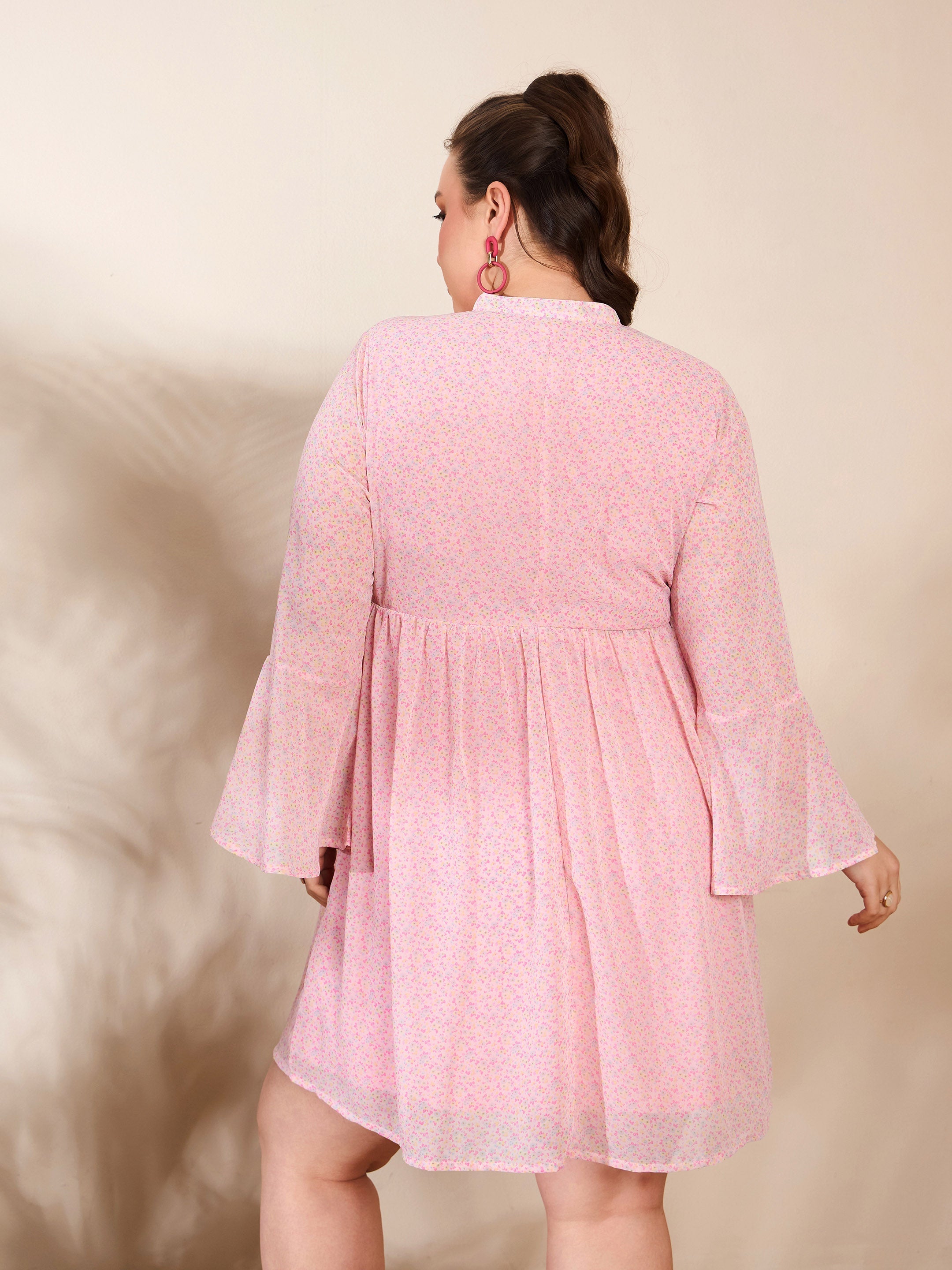 Women Pink Ditsy Floral V Neck Knee Length Dress-SFDRSS12668