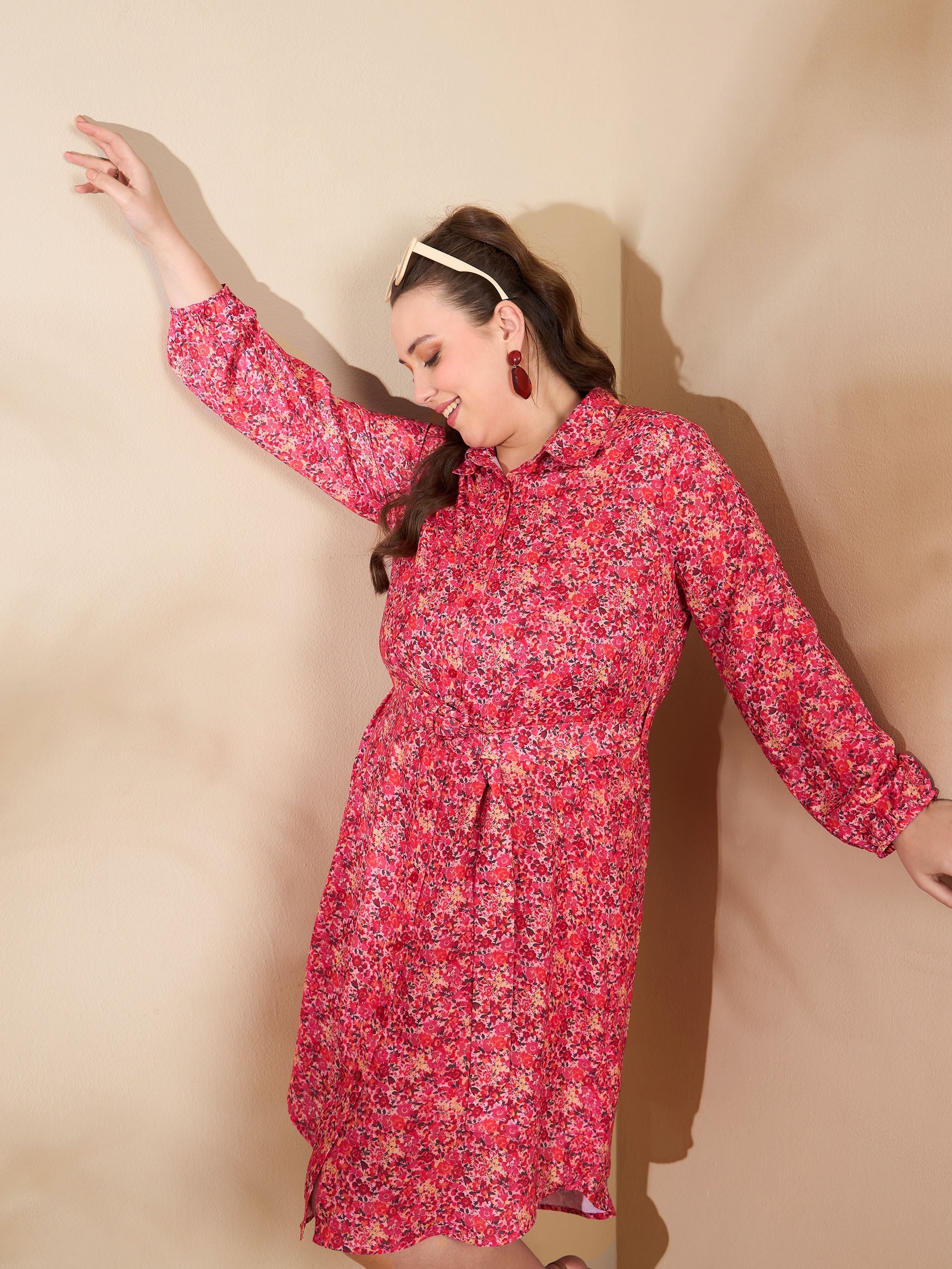 Women Red Floral Knee Length Shirt Dress-SFDRSS12672