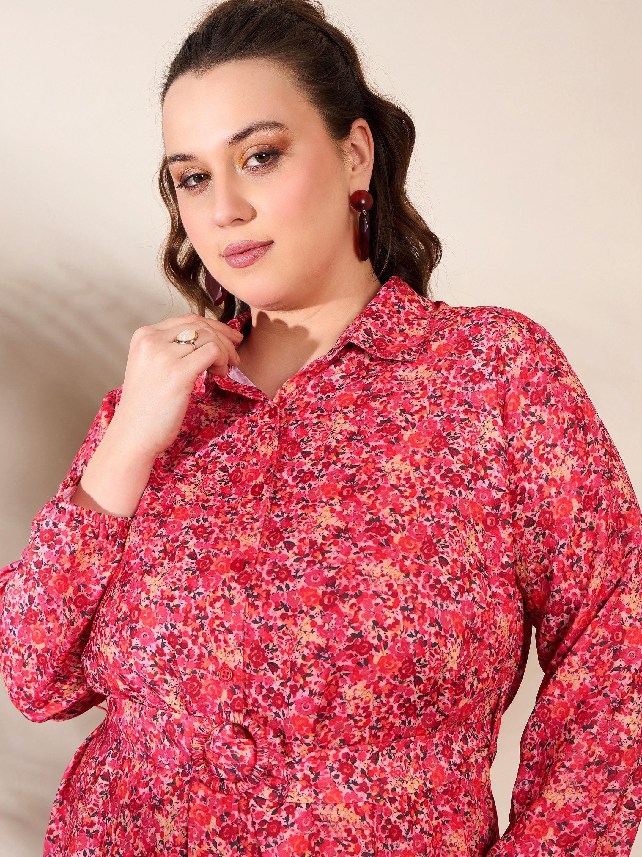 Women Red Floral Knee Length Shirt Dress-SFDRSS12672