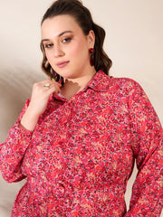 Women Red Floral Knee Length Shirt Dress-SFDRSS12672