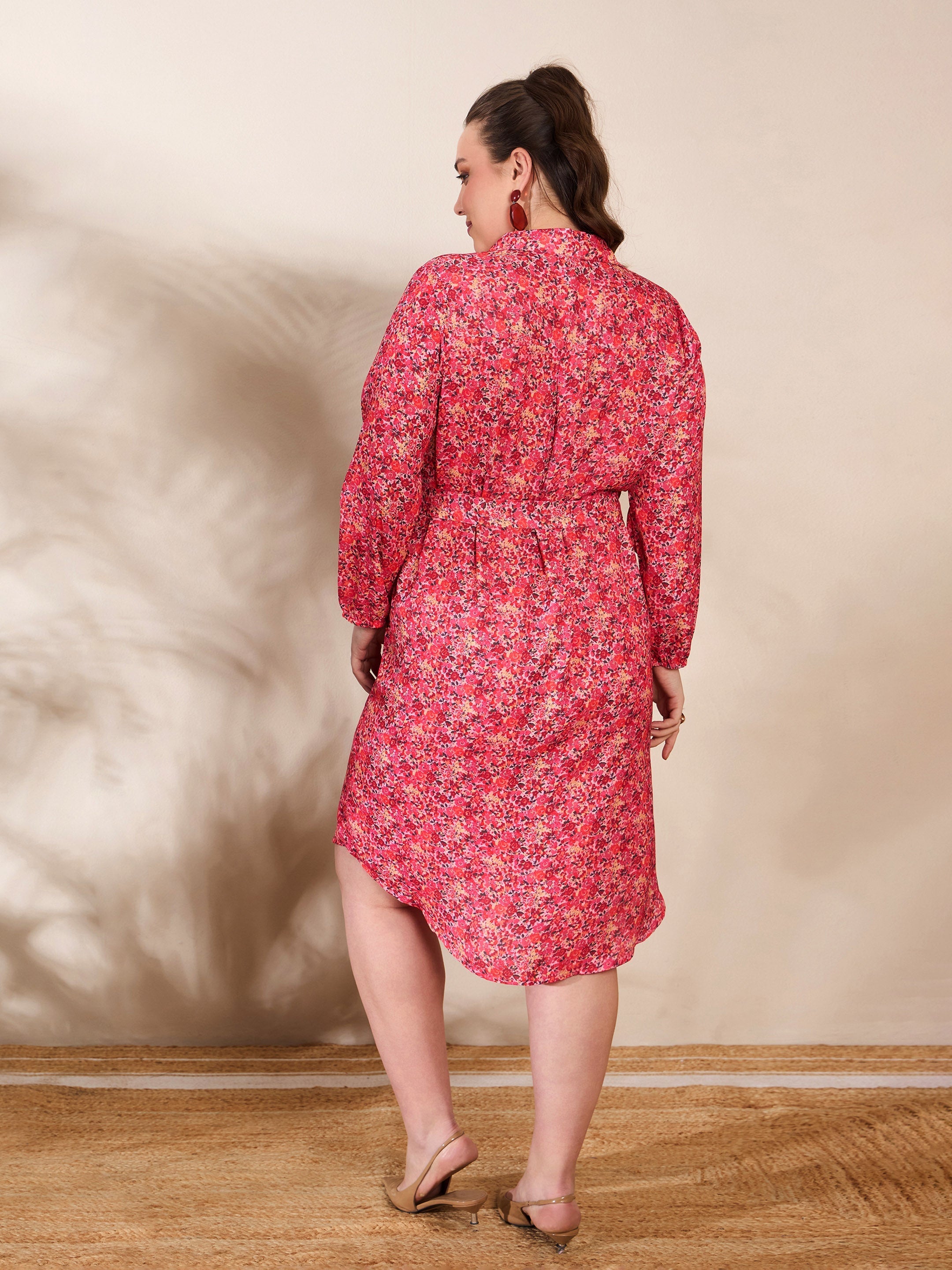 Women Red Floral Knee Length Shirt Dress-SFDRSS12672