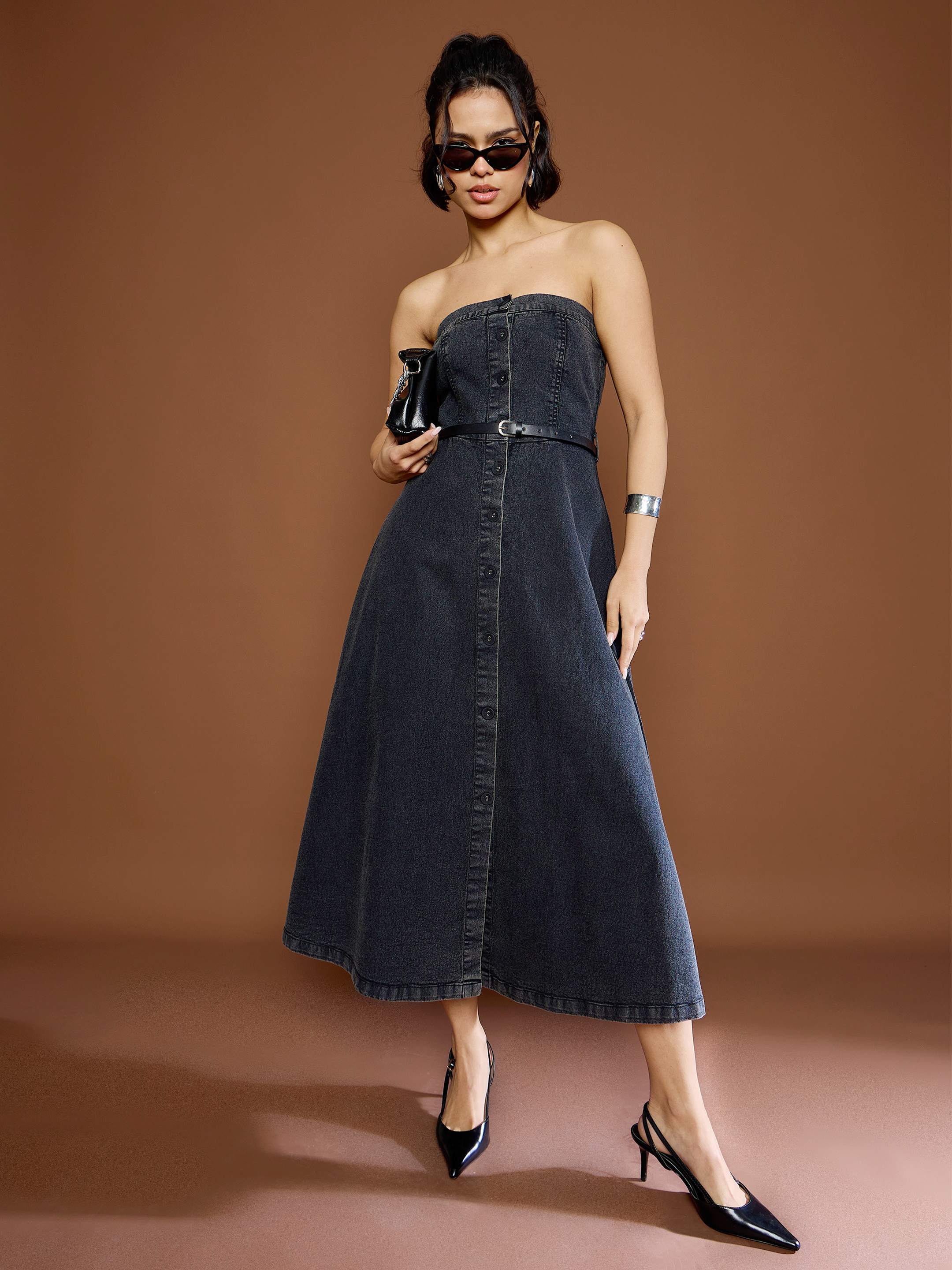Women Black Washed Denim Off Shoulder Dress-SFDRSS12676