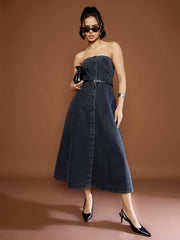 Women Black Washed Denim Off Shoulder Dress-SFDRSS12676