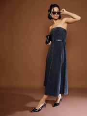 Women Black Washed Denim Off Shoulder Dress-SFDRSS12676