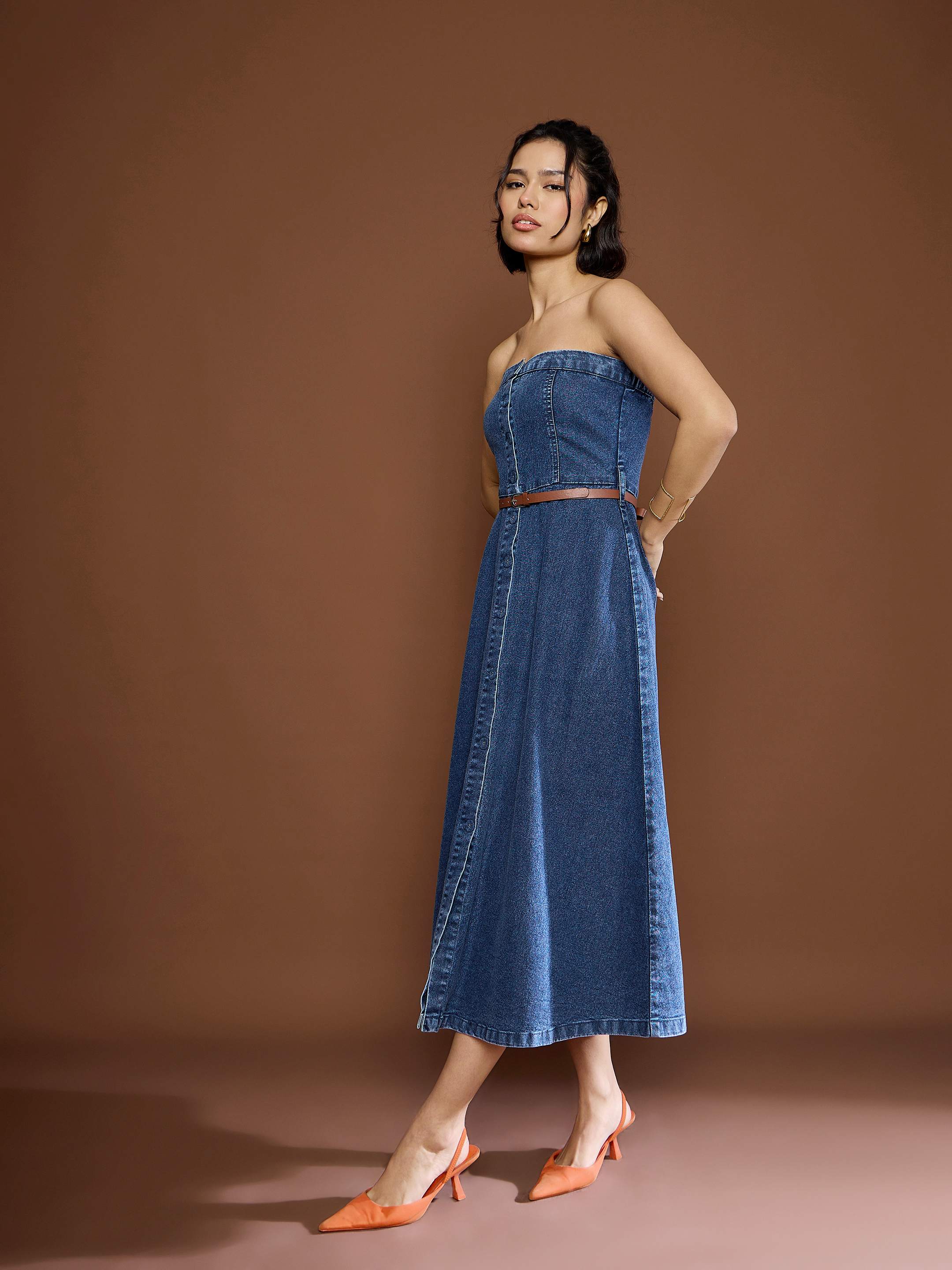 Women Blue Washed Denim Tube Dress-SFDRSS12677