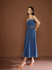 Women Blue Washed Denim Tube Dress-SFDRSS12677