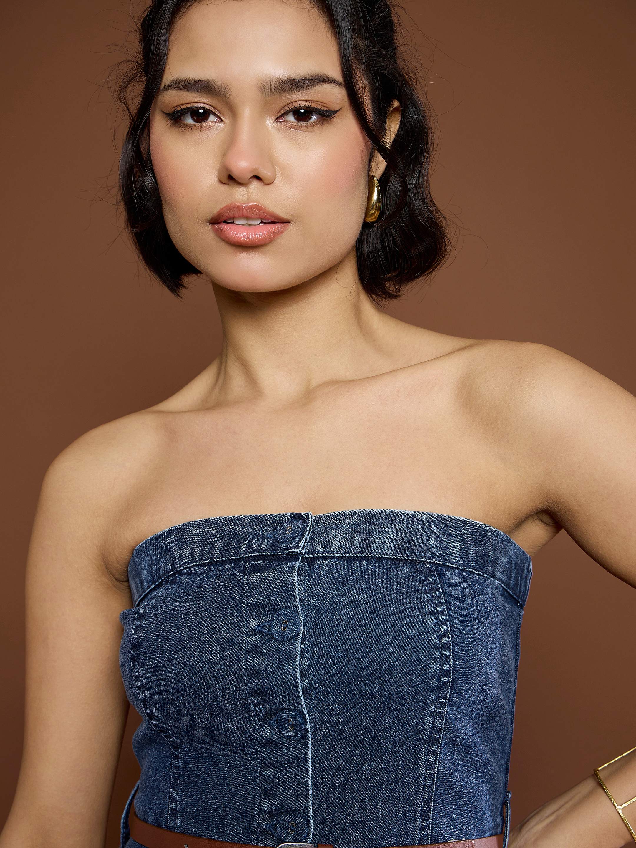 Women Blue Washed Denim Tube Dress-SFDRSS12677