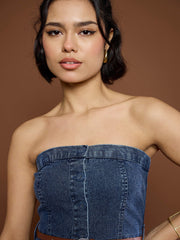 Women Blue Washed Denim Tube Dress-SFDRSS12677