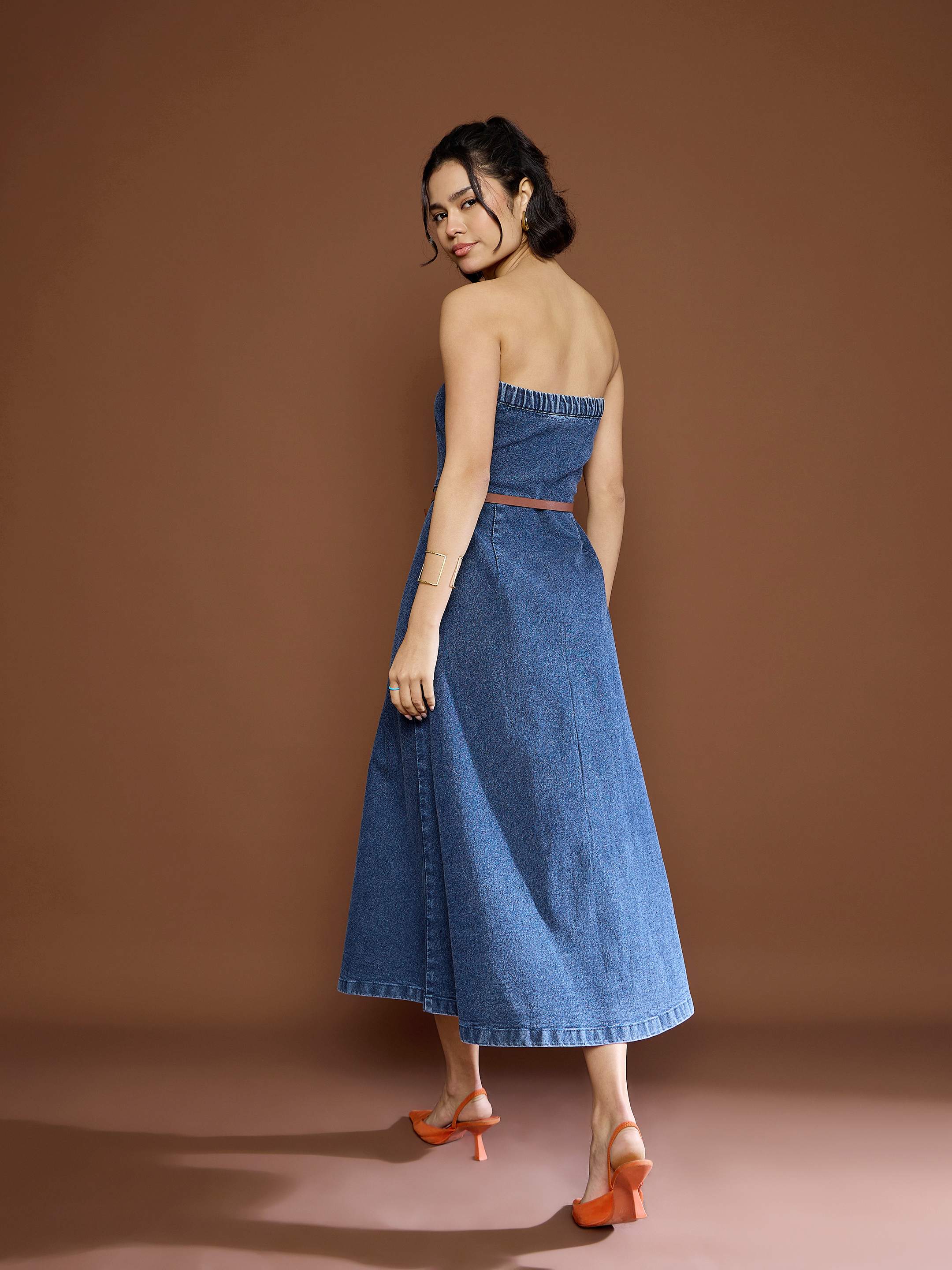 Women Blue Washed Denim Tube Dress-SFDRSS12677