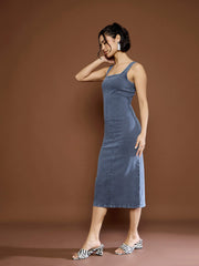 Women Blue Acid Wash Strappy Midi Dress-SFDRSS12678