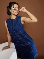 Women Navy Blue Front Pocket Short Dress-SFDRSS12679