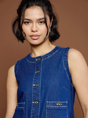 Women Navy Blue Front Pocket Short Dress-SFDRSS12679