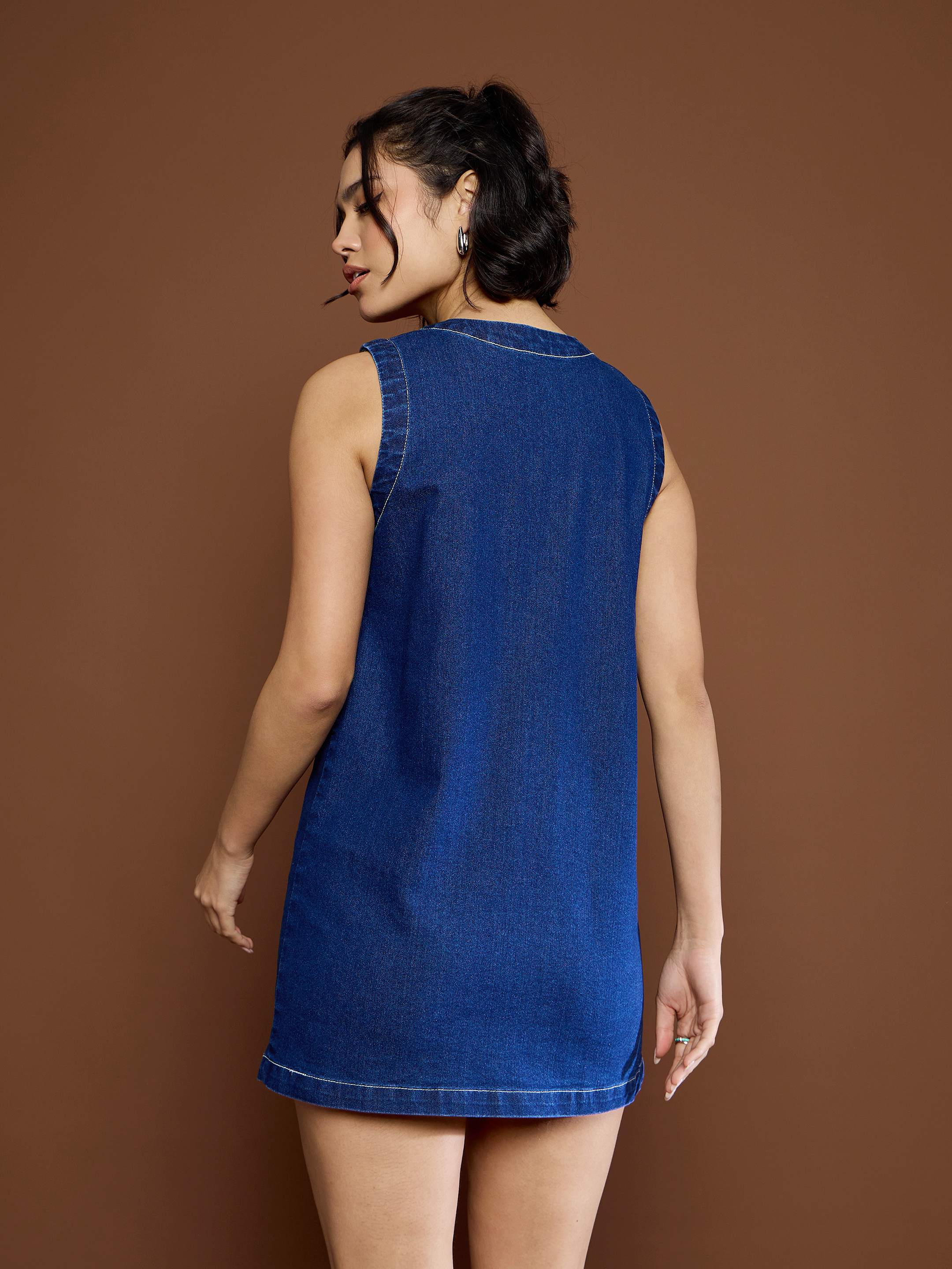 Women Navy Blue Front Pocket Short Dress-SFDRSS12679