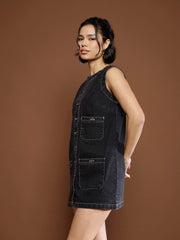 Women Black Washed Front Pocket Short Dress-SFDRSS12680