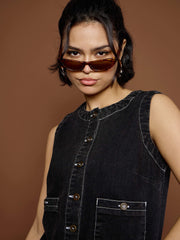 Women Black Washed Front Pocket Short Dress-SFDRSS12680