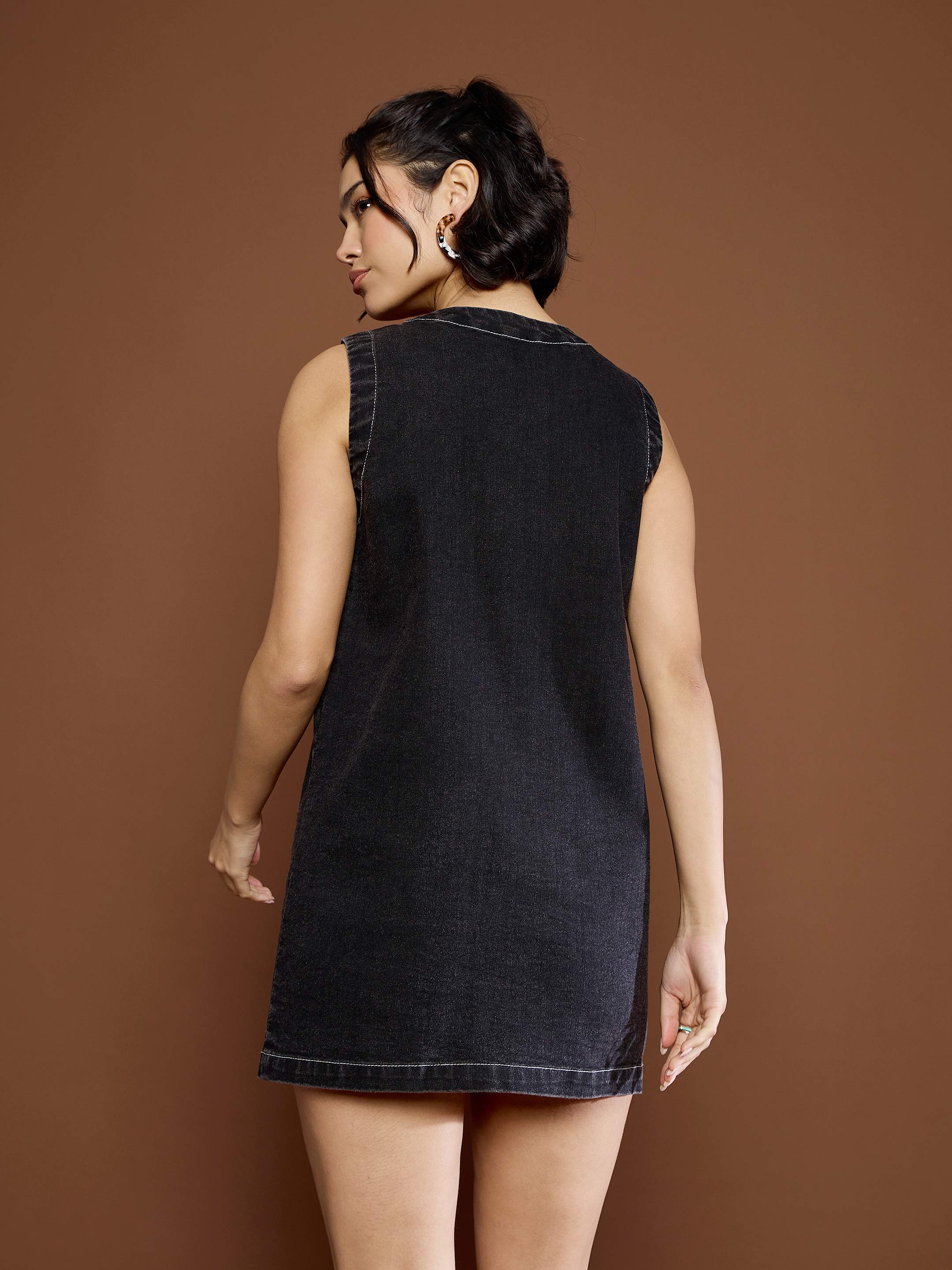 Women Black Washed Front Pocket Short Dress-SFDRSS12680