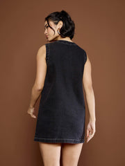 Women Black Washed Front Pocket Short Dress-SFDRSS12680