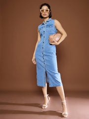 Women Blue Denim Front Button Midi Dress-SFDRSS12681
