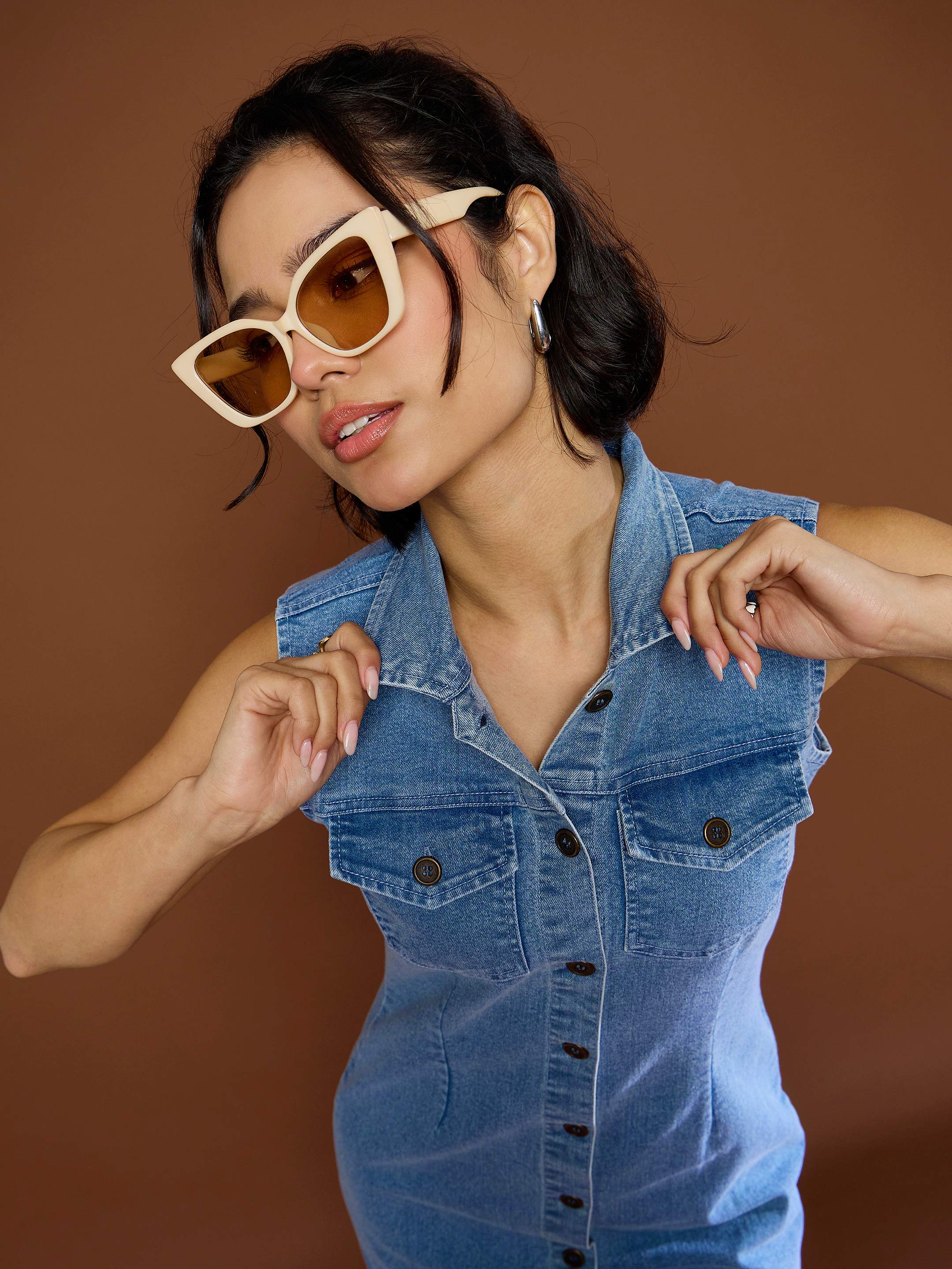 Women Blue Denim Front Button Midi Dress-SFDRSS12681