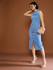 Women Blue Denim Front Button Midi Dress-SFDRSS12681