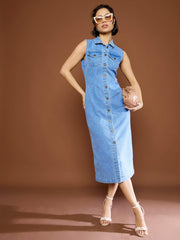 Women Blue Denim Front Button Midi Dress-SFDRSS12681