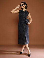 Women Black Washed Denim Front Button Midi Dress-SFDRSS12682