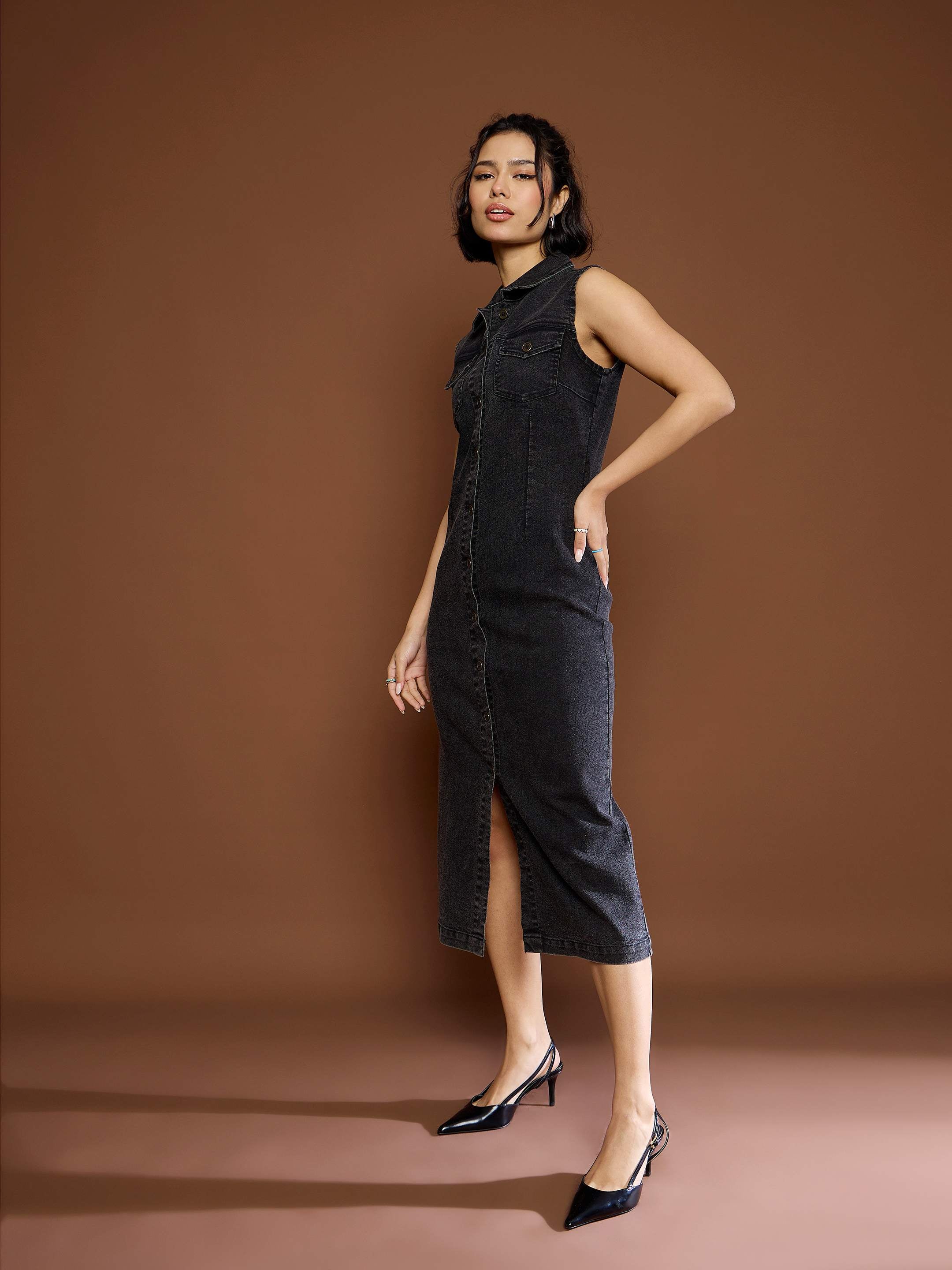 Women Black Washed Denim Front Button Midi Dress-SFDRSS12682