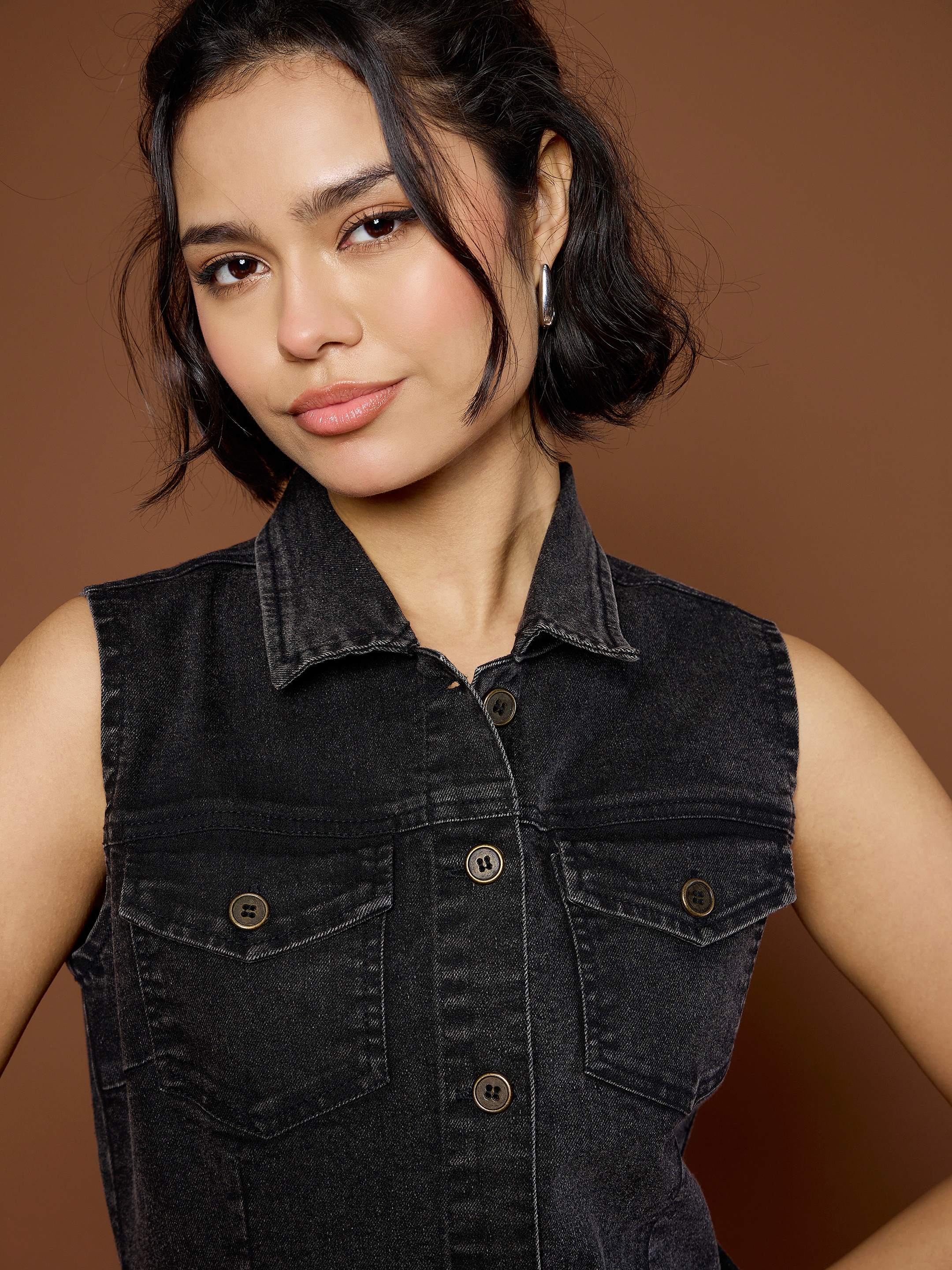 Women Black Washed Denim Front Button Midi Dress-SFDRSS12682