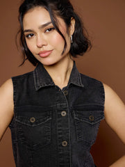 Women Black Washed Denim Front Button Midi Dress-SFDRSS12682
