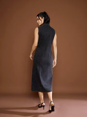 Women Black Washed Denim Front Button Midi Dress-SFDRSS12682