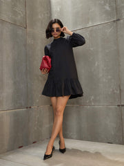 Women Black Poplin Frill Hem Short Dress-SFDRSS12684