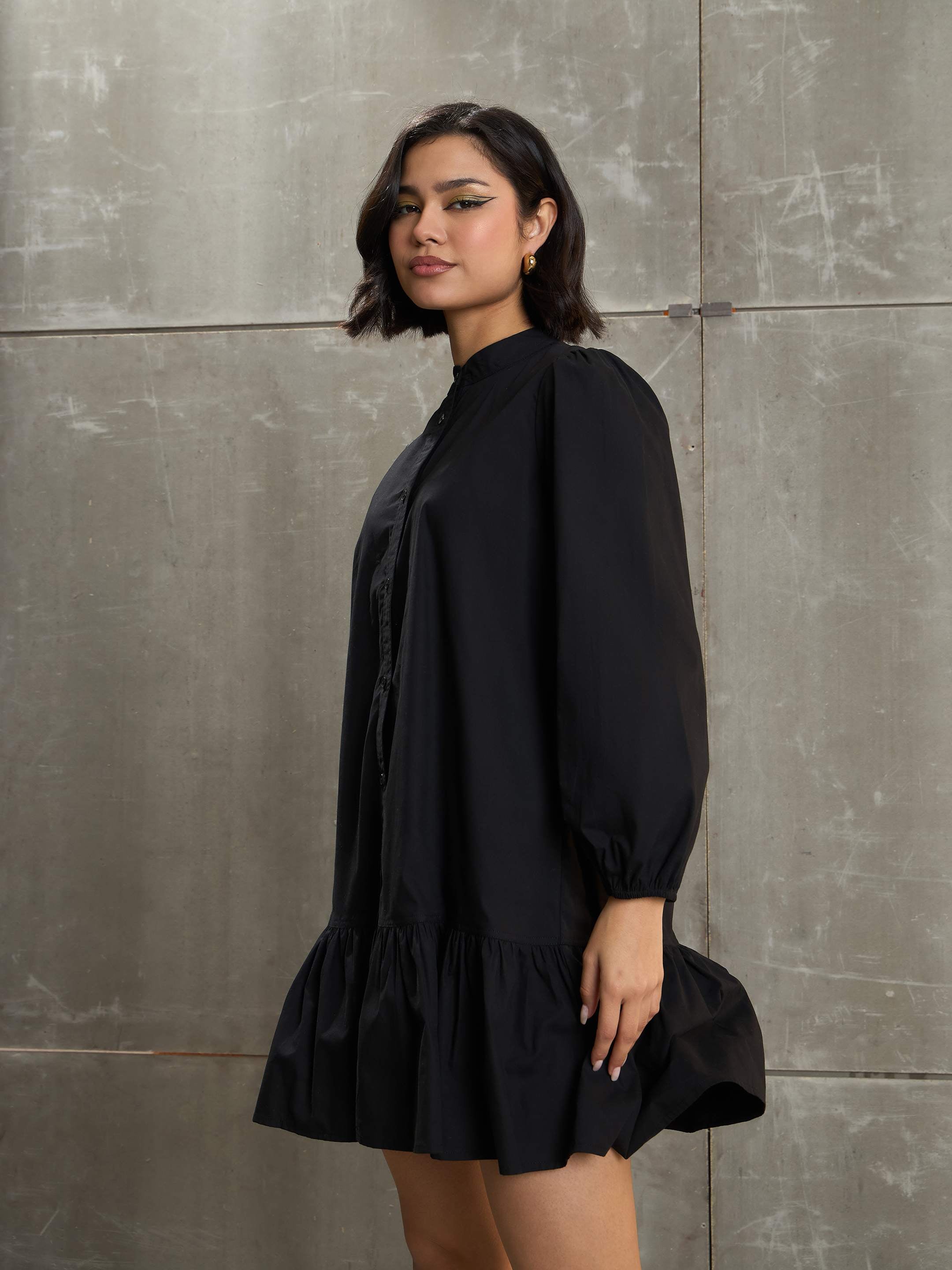 Women Black Poplin Frill Hem Short Dress-SFDRSS12684