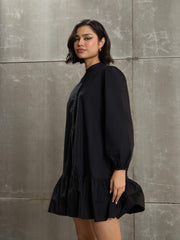 Women Black Poplin Frill Hem Short Dress-SFDRSS12684