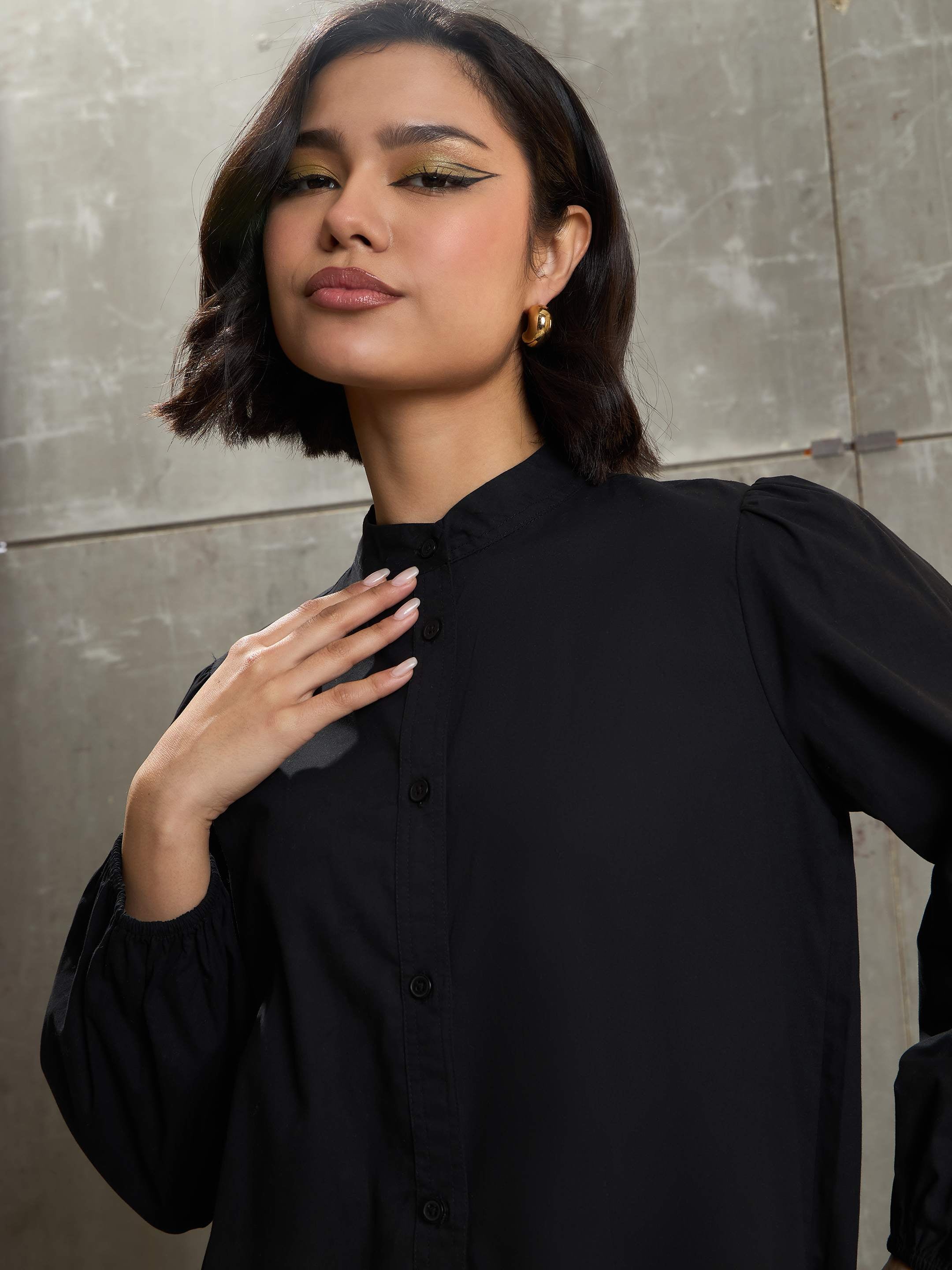 Women Black Poplin Frill Hem Short Dress-SFDRSS12684