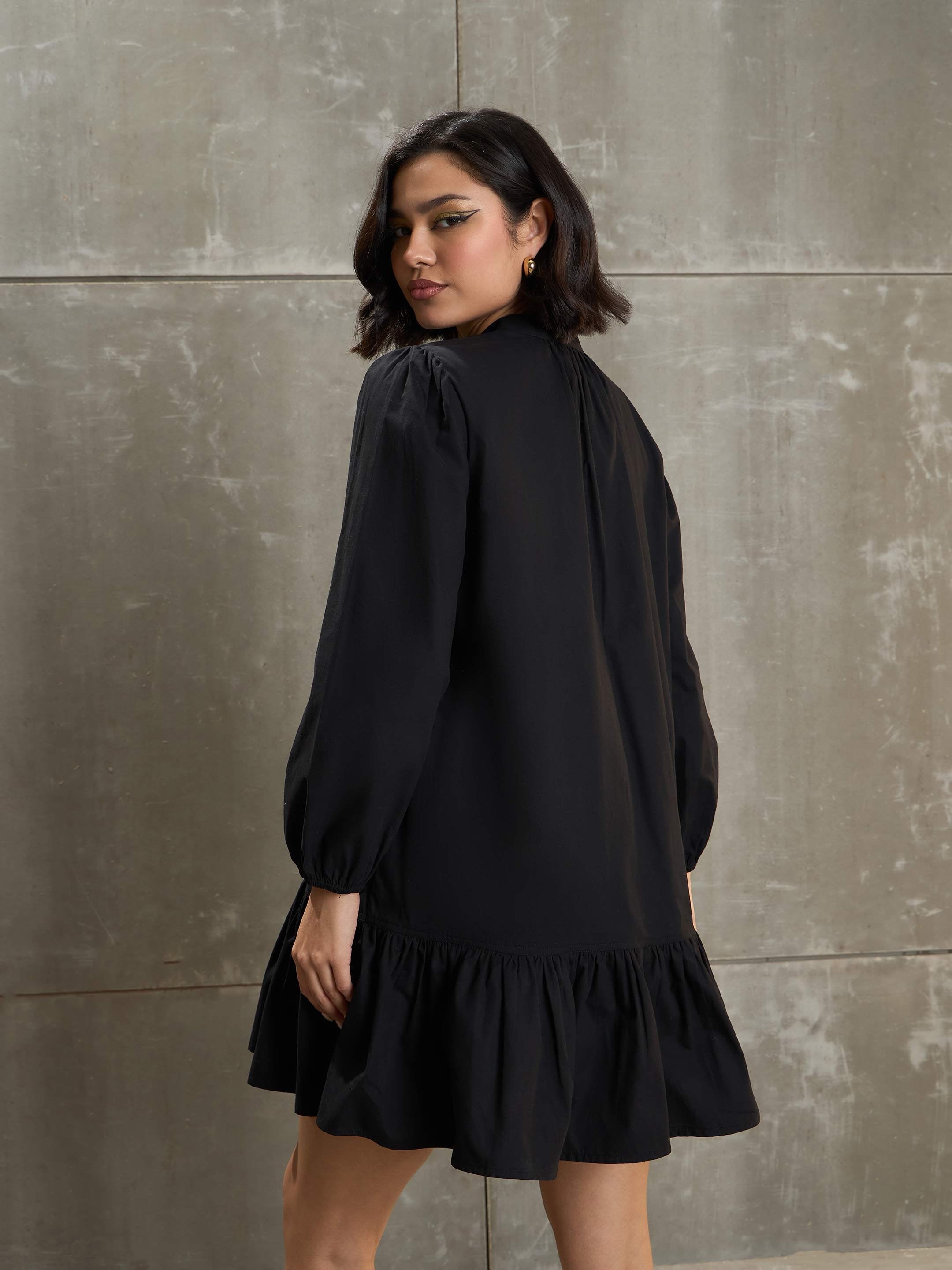 Women Black Poplin Frill Hem Short Dress-SFDRSS12684