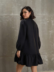 Women Black Poplin Frill Hem Short Dress-SFDRSS12684