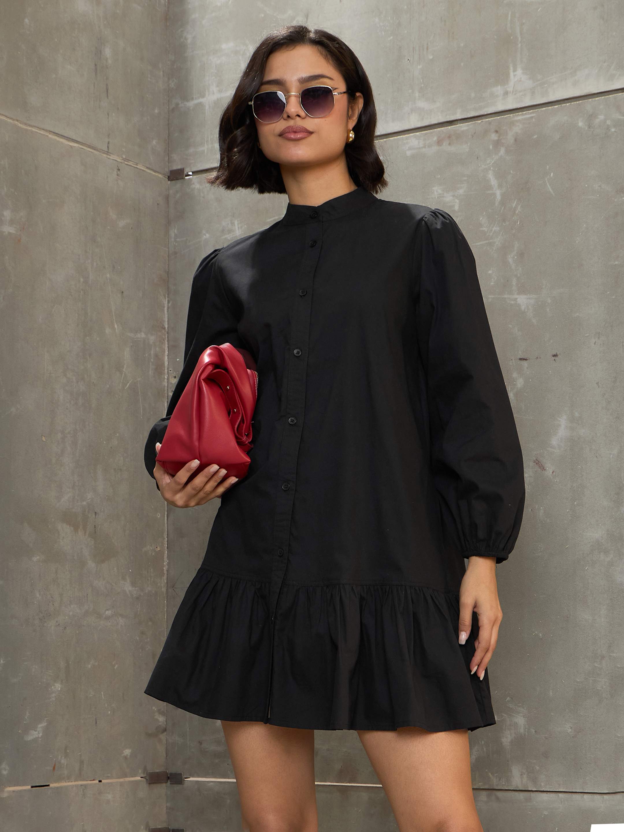 Women Black Poplin Frill Hem Short Dress-SFDRSS12684