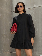 Women Black Poplin Frill Hem Short Dress-SFDRSS12684