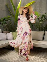 Women Off-White Floral V-Neck Flared Maxi Dress-SFDRSS12686