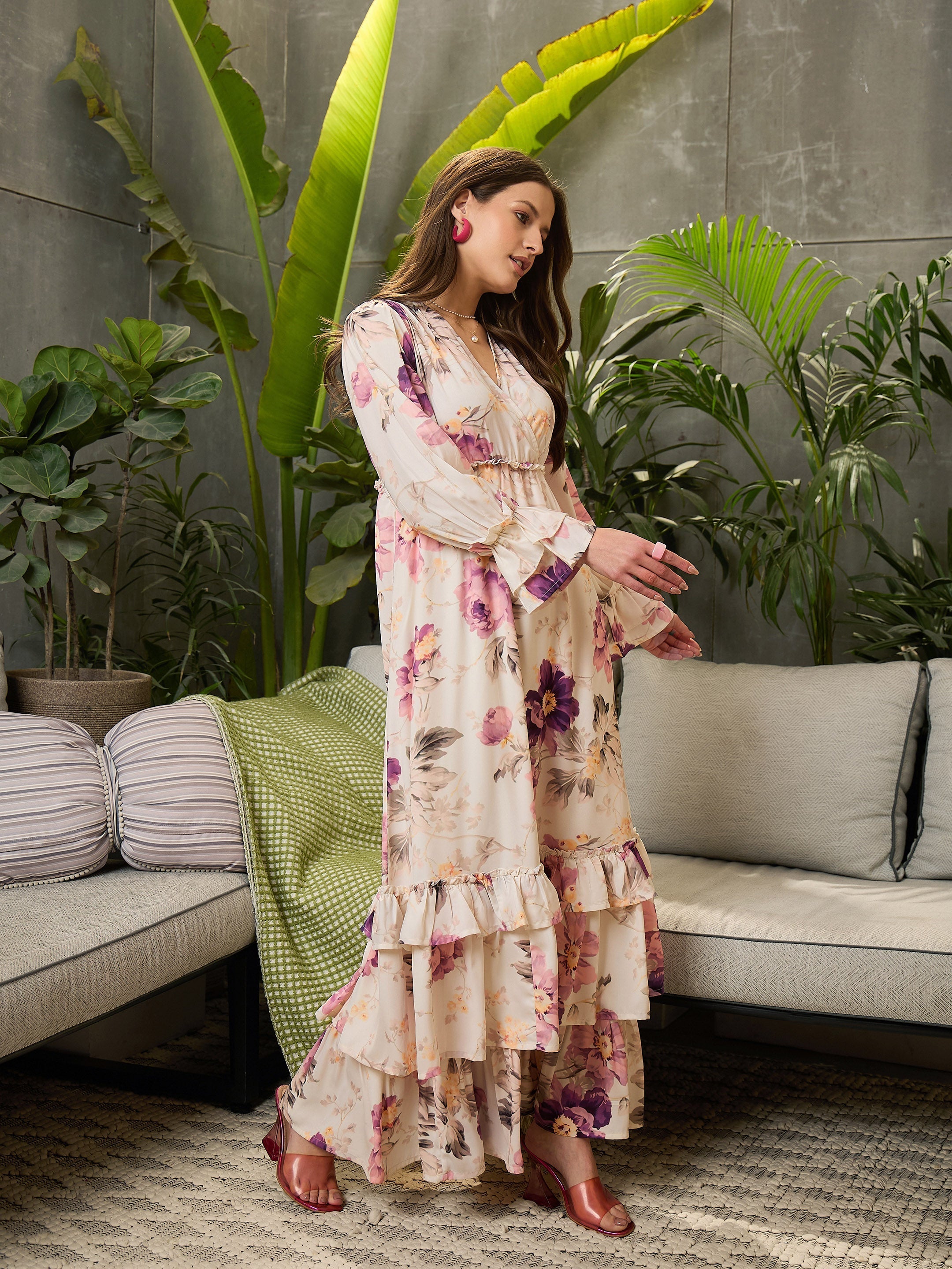 Women Off-White Floral V-Neck Flared Maxi Dress-SFDRSS12686