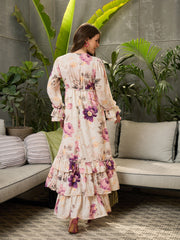Women Off-White Floral V-Neck Flared Maxi Dress-SFDRSS12686