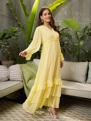 Women Yellow V-Neck Flared Maxi Dress-SFDRSS12687
