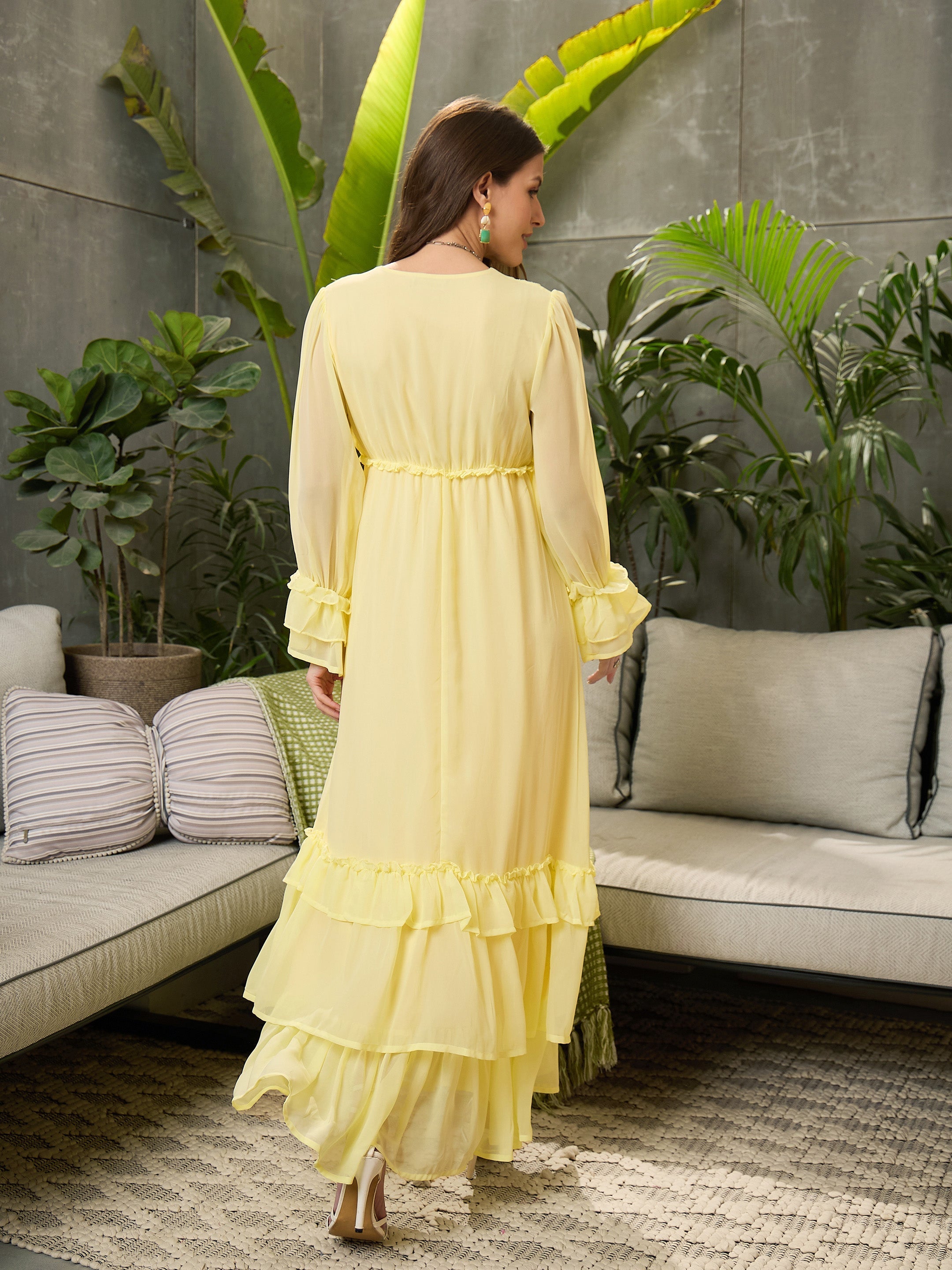 Women Yellow V-Neck Flared Maxi Dress-SFDRSS12687