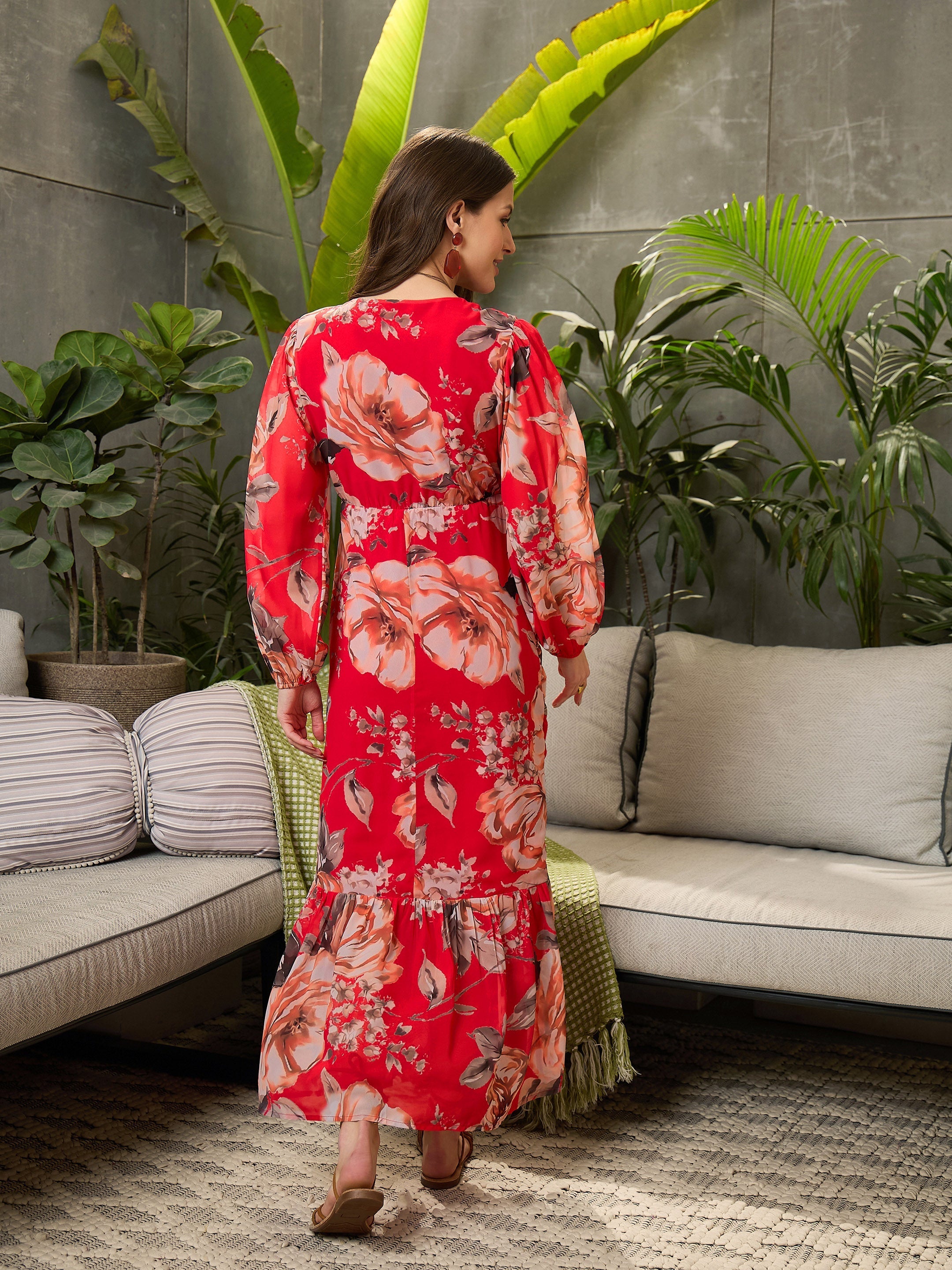 Women Red Floral Cowl Maxi Dress-SFDRSS12688